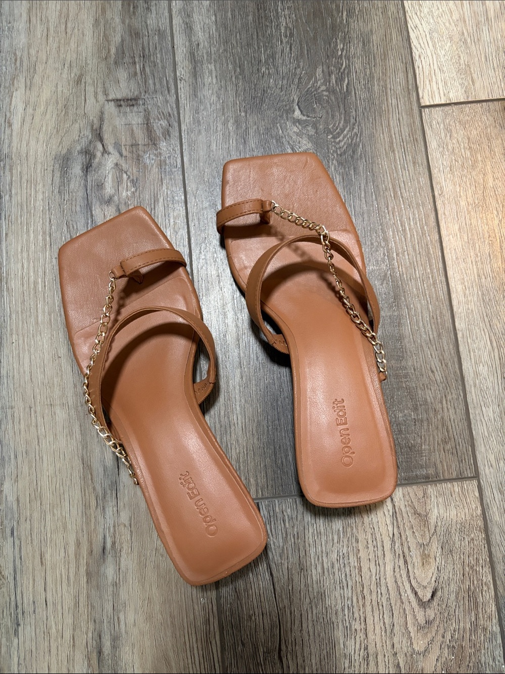 Open Edit - Tan Square-Toe Chain-Strap Sandals